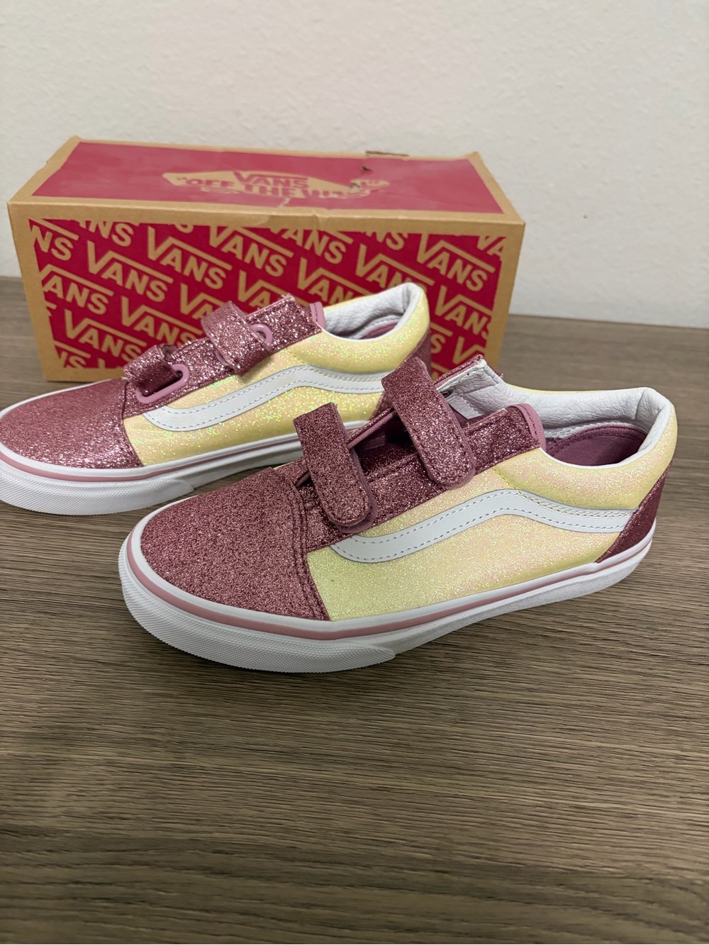 Vans Kids Glitter Pink and Yellow Low-Top Velcro Sneakers